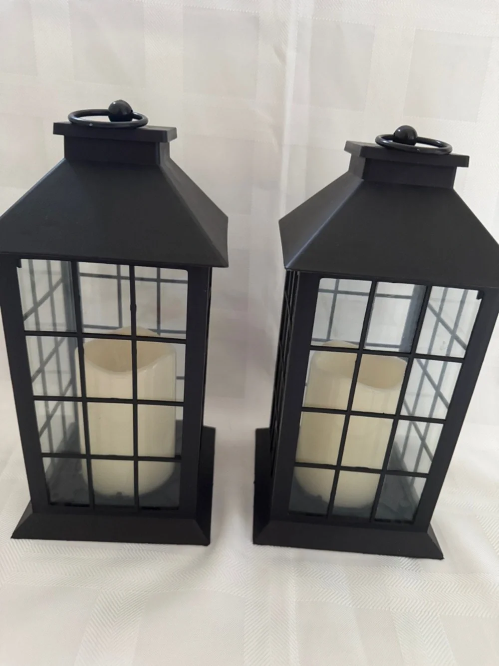 Black Plastic Wall Lanterns with Glass Warm LED Candles - Set of 2 with Timer